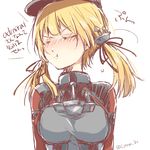  anchor_hair_ornament bilingual blonde_hair blush citron_82 closed_eyes hair_ornament hair_ribbon hat kantai_collection long_hair military military_uniform peaked_cap pout prinz_eugen_(kantai_collection) ribbon solo translated twintails twitter_username uniform 