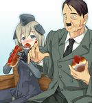  1girl adolf_hitler blonde_hair blue_eyes blush cheek_bulge collared_shirt eating food formal garrison_cap hair_ornament hat hot_dog kantai_collection ketchup long_hair machinery military military_uniform mutsuki_nekohachi necktie puffy_sleeves real_life shirt thighhighs u-511_(kantai_collection) uniform 