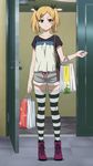  absurdres bag black_eyes blonde_hair hair_ornament hairclip highres mole mole_under_eye non-web_source screencap shirobako solo stitched striped striped_legwear thighhighs third-party_edit twintails yano_erika 