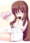  braid brown_hair chocolate chocolate_heart dress_shirt hair_over_shoulder happy_valentine heart highres long_hair original red_eyes shirasu_youichi shirt shorts solo tenihaba_nana twin_braids valentine 