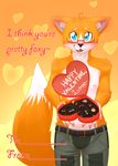  &lt;3 2015 abs anthro blue_eyes blush canine chocolate clothed clothing english_text eyewear fox fur glasses half-dressed holidays htodinth looking_at_viewer male mammal nipples open_mouth orange_fur pants smile text topless valentine&#039;s_day white_fur 