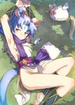  animal_ears arms_up bad_id bad_pixiv_id barefoot blue_hair day dog_days dutch_angle forehead_jewel gold_trim grass horse_ears horse_girl horse_tail legs lying no_panties on_back on_grass outdoors ponytail purple_eyes sharu_(dog_days) short_hair solo stirrup_legwear tabard tail toeless_legwear u_(mikaduki0720) 