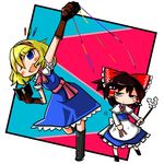  alice_margatroid alternate_costume blonde_hair blue_eyes bow brown_hair capelet cosplay dress gloves gohei hair_bow hair_tubes hairband hakurei_reimu kunitori multiple_girls one_eye_closed open_mouth puppet_strings ribbon shanghai_doll shanghai_doll_(cosplay) short_hair smile touhou 