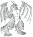  abs at cloth dragon grin hair looking male mohawk muscles scales viewer 
