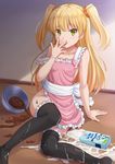  :p apron black_legwear blonde_hair chocolate collarbone green_eyes highres idolmaster idolmaster_cinderella_girls jougasaki_rika kazenokaze licking long_hair looking_at_viewer milk milk_carton naked_apron sitting smile solo suggestive_fluid thighhighs tongue tongue_out two_side_up 