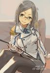  breasts brown_hair glasses gloves green_eyes kantai_collection katori_(kantai_collection) medium_breasts miniskirt necktie pantyhose short_hair sitting skirt smile solo toro_(konirio) uniform 