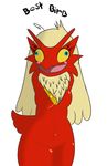  avian bird blaziken blonde_hair blue_eyes blush breasts chicken elpatrixf english_text hair insane long_hair navel nintendo open_mouth plain_background pok&eacute;mon red_feathers smile solo text video_games yellow_sclera 