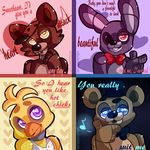  animatronic avian bear bird blue_eyes bonnie_(fnaf) bow_tie canine chica_(fnaf) chicken eye_patch eyewear five_nights_at_freddy&#039;s fox foxy_(fnaf) freddy_(fnaf) glowing glowing_eyes hat holidays lagomorph looking_at_viewer machine mammal mechanical purple_eyes rabbit red_eyes robot smile valentine&#039;s_day xaika yellow_eyes 