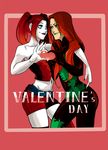  2girls batman_(series) blue_eyes dc_comics harley_quinn lipsick lipstick long_hair makeup multicolored_hair multiple_girls poison_ivy red_hair shorts thighhighs twintails valentine valentine&#039;s_day 