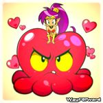  &gt;:( breasts earrings eyelashes frown green_eyes heart jewelry logo long_hair looking_at_another looking_up medium_breasts official_art pointy_ears ponytail shantae_(character) shantae_(series) single_tooth smile squid squid_baron v-shaped_eyebrows valentine wayforward yellow_eyes 