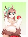  2014 anthro apple bow breasts brown_hair bucket chest_tuft female freckles fruit fur green_eyes hair hooves horn long_hair looking_at_viewer smile solo spittfire tuft unknown_species white_fur wide_hips 