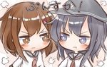  :t akatsuki_(kantai_collection) analog_kenshi_(moto) black_hair blue_eyes blush brown_eyes brown_hair chibi hat highres ikazuchi_(kantai_collection) kantai_collection long_hair multiple_girls neckerchief pout school_uniform serafuku short_hair translated 