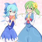  ascot blue_dress blue_eyes blue_hair blush bow box c: carrying cato_(monocatienus) chocolate chocolate_heart cirno commentary daiyousei dress gift gift_box green_eyes green_hair hair_bow hair_ribbon heart ice ice_wings long_hair looking_at_viewer multiple_girls ribbon side_ponytail smile touhou wings 