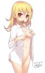  blonde_hair blush breasts chocolate chocolate_heart collarbone cowboy_shot dasoku_sentarou dated dress_shirt groin heart long_hair medium_breasts mouth_hold naked_shirt navel number open_clothes open_shirt original red_eyes shirt signature simple_background smile solo valentine white_background wing_collar 