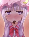  blush commentary crescent crescent_hair_ornament face hair_ornament hat heart heart-shaped_pupils incoming_kiss long_hair looking_at_viewer mob_cap mouth_hold outstretched_arms patchouli_knowledge purple_eyes purple_hair ram_hachimin solo symbol-shaped_pupils touhou 
