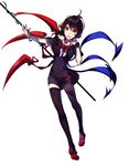  ahoge asymmetrical_wings black_hair black_legwear dress highres houjuu_nue hug_(yourhug) open_mouth polearm red_eyes short_dress short_hair smile snake solo thighhighs touhou weapon wings 