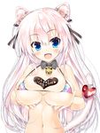  :d animal_ears bell bikini blue_eyes blush bow bowtie breast_lift breasts cat_ears chocolate chocolate_heart fang hair_ribbon happy_valentine heart inuzumi_masaki large_breasts long_hair looking_at_viewer micro_bikini navel open_mouth original pink_hair ribbon smile solo swimsuit tail valentine white_background 