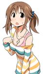  1girl :o anbe_masahiro breasts brown_eyes brown_hair cleavage dress heart heart_necklace idolmaster idolmaster_cinderella_girls looking_at_viewer loose_clothes off_shoulder simple_background striped striped_dress sweatdrop tareme totoki_airi twintails white_background 