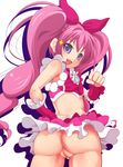  :d ass blue_eyes bow braid brooch crop_top cure_melody flat_chest frills from_behind hair_ribbon hand_on_hip highres houjou_hibiki jewelry katori_(mocchidou) long_hair looking_back magical_girl miniskirt no_panties open_mouth pink_bow pink_hair precure pussy ribbon skirt smile solo suite_precure twintails wrist_cuffs 