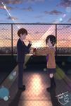  1girl bad_id bad_pixiv_id black_hair blush chain-link_fence fence highres looking_at_another looking_away original outstretched_arms rooftop short_hair sunset taka_(tsmix) valentine 