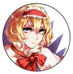  alice_margatroid blonde_hair blue_eyes bow capelet hairband hug_(yourhug) ribbon round_image short_hair solo touhou 