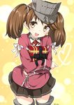  :d absurdres artist_name box brown_eyes brown_hair gift gift_box heart highres japanese_clothes kantai_collection kariginu long_hair magatama object_hug open_mouth pleated_skirt revision ryuki_(ryukisukune) ryuujou_(kantai_collection) signature skirt smile solo twintails valentine visor_cap 