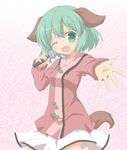  ;d animal_ears blush fang green_eyes green_hair kasodani_kyouko microphone one_eye_closed open_mouth shino_megumi short_hair skirt smile solo tail touhou 