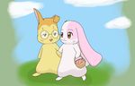  basket blue_eyes brown_eyes cloud couple duo female fur hand_holding happy_happy_clover haru lago lagomorph long_ears male mallow mammal meru orange_fur picnic_basket pink_fur pixiv rabbit shallot walking yellow_fur 