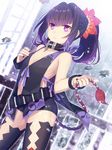  black_choker bracelet braid choker expressionless fingernails french_braid holding_own_tail jewelry mole oxo purple_eyes purple_hair revealing_clothes ribs saimon_(tales) short_hair short_shorts shorts solo tail tales_of_(series) tales_of_zestiria thighhighs twintails 