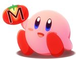  1boy alien blush food happy kirby kirby_(series) lowres male nintendo onyuuuu open_mouth sitting solo tomato video_games 