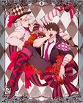  boots bow brown_hair caesar_anthonio_zeppeli chocolate facial_mark flower hat hermit_purple highres jacket jojo_no_kimyou_na_bouken joseph_joestar_(young) licking_hand multiple_boys pants red_flower red_rose red_stone_of_aja ribbon rose stand_(jojo) striped striped_pants sujiko_(125motimoti) top_hat valentine white_hair 