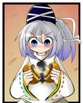  blue_eyes bread food hat imagawayaki japanese_clothes kariginu kunitori mononobe_no_futo ponytail ribbon short_hair silver_hair skirt smile solo tate_eboshi touhou 