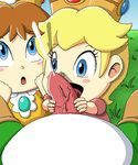  bestiality blonde_hair blue_eyes blush brown_hair crown cum female feral hair handjob human interspecies male mammal mario_bros nintendo princess_daisy princess_peach sl350 video_games yoshi 