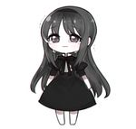  akemi_homura barefoot black_hair black_hairband chibi crying crying_with_eyes_open dress fc_(efushii) full_body funeral_dress hairband long_hair mahou_shoujo_madoka_magica mahou_shoujo_madoka_magica_movie simple_background solo tears white_background 