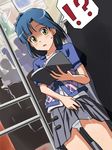  1girl asymmetrical_bangs bangs blue_hair blush book commentary_request cum cum_on_clothes dutch_angle idolmaster idolmaster_million_live! lielos nanao_yuriko open_mouth panties short_hair skirt skirt_lift solo_focus speech_bubble suggestive_fluid sweatdrop train_interior underwear yellow_eyes 