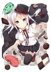  bad_id bad_pixiv_id black_legwear chocolate chocolate_heart hat heart highres long_hair looking_at_viewer naughty_face original pleated_skirt samegami silver_eyes silver_hair skirt smile solo thighhighs top_hat valentine zettai_ryouiki 