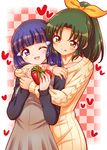  :p ;d aoki_reika blue_eyes blue_hair blush checkered checkered_background chocolate chocolate_heart green_eyes green_hair heart hug hug_from_behind kuga_yoshito long_hair midorikawa_nao multiple_girls one_eye_closed open_mouth ponytail precure short_hair smile smile_precure! sweater tongue tongue_out valentine yuri 