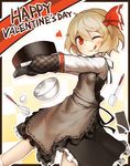  :q ;q apron black_dress blonde_hair bowl cake chocolate chocolate_bar chocolate_cake dress egg english food frills hair_ribbon happy_valentine heart highres licking_lips long_sleeves looking_at_viewer mixing_bowl one_eye_closed oven_mitts red_eyes ribbon rumia shirt short_hair smile solo spark621 spatula tongue tongue_out touhou v-shaped_eyebrows valentine whisk 