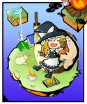  blonde_hair book bow braid closed_eyes cup fire floating_island food hair_bow hamburger hat kirisame_marisa kunitori long_hair meat open_mouth sack smile solo teacup teapot touhou water witch_hat 