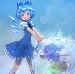  2girls :d \m/ blue_dress blue_eyes blue_hair bow cirno covered_navel daiyousei dress frozen hair_bow ice ice_wings md5_mismatch multiple_girls open_mouth short_hair smile symbol-shaped_pupils touhou v wings yst 