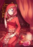  absurdres blush bridal_veil china_dress chinese_clothes curtains dress expressionless floral_print gogatsu_fukuin hair_ornament hairpin highres lantern light lips looking_at_viewer love_live! love_live!_school_idol_project nishikino_maki open_mouth pot purple_eyes red_hair saucer short_hair side_slit sitting solo veil wedding_dress 