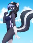  2014 anthro black_fur black_hair blue_hair clothing cloud female food fur hair ice_cream long_hair looking_back looking_down mammal nails outside purple_nose skunk sky smile solo spittfire standing stripes swimsuit teeth white_fur 