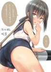  alternate_costume ass bare_shoulders black_hair blush cosplay fubuki_(kantai_collection) highres ichikawa_feesu kantai_collection long_hair looking_at_viewer open_mouth ponytail school_swimsuit school_uniform serafuku solo strap swimsuit tan tanline torpedo translated yellow_eyes 