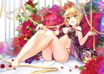  barefoot blonde_hair blush breasts fate/grand_order fate_(series) flowers green_eyes jin_young-in panties petals rose saber saber_extra short_hair underwear 