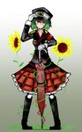  alternate_costume closed_umbrella flower green_hair hat kazami_yuuka kunitori military military_uniform plaid plaid_skirt planted_umbrella red_eyes short_hair skirt smile solo sunflower touhou umbrella uniform 