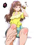  amanogawa_kirara barefoot brown_hair chocolate_bar clenched_teeth earrings feet food go!_princess_precure grin hairband jewelry pov_feet precure purple_eyes purple_hairband shorts sitting smile snack solo star star_earrings striped striped_shorts teeth tj-type1 toes twintails 