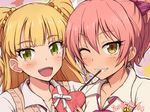  :d blonde_hair blush chocolate chocolate_heart dated food green_eyes heart idolmaster idolmaster_cinderella_girls jougasaki_mika jougasaki_rika long_hair multiple_girls negija one_eye_closed open_mouth pink_hair pocky ponytail short_hair siblings sisters smile tsurime valentine yellow_eyes 