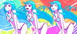  ;p bikini blue_hair breasts cowboy_shot drooling highres large_breasts leaning_forward long_hair looking_at_viewer me!me!me! meme_(me!me!me!) multiple_persona one_eye_closed purple_eyes smile strap_gap striped striped_bikini swimsuit tongue tongue_out v_arms 