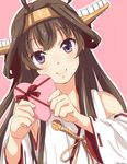 ahoge box brown_hair detached_sleeves gift gift_box hairband headgear heart heart-shaped_box kantai_collection kongou_(kantai_collection) long_hair looking_at_viewer pink_background pre3445 purple_eyes simple_background smile solo valentine 