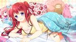  2015 :d bed breasts cleavage happy_valentine long_hair looking_at_viewer lying medium_breasts mocha_(naturefour) on_stomach open_mouth original pillow purple_eyes red_hair smile solo stuffed_animal stuffed_bunny stuffed_toy two_side_up under_covers valentine 